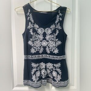 S Suzy Shier Navy Blue Tank Top with White Floral Embroidery